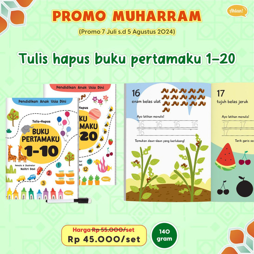 Tulis Hapus Buku Pertamaku 1-10 &amp; 11-20 (Set), Cover Baru + Spidol Wipe and Clean, Ahlan