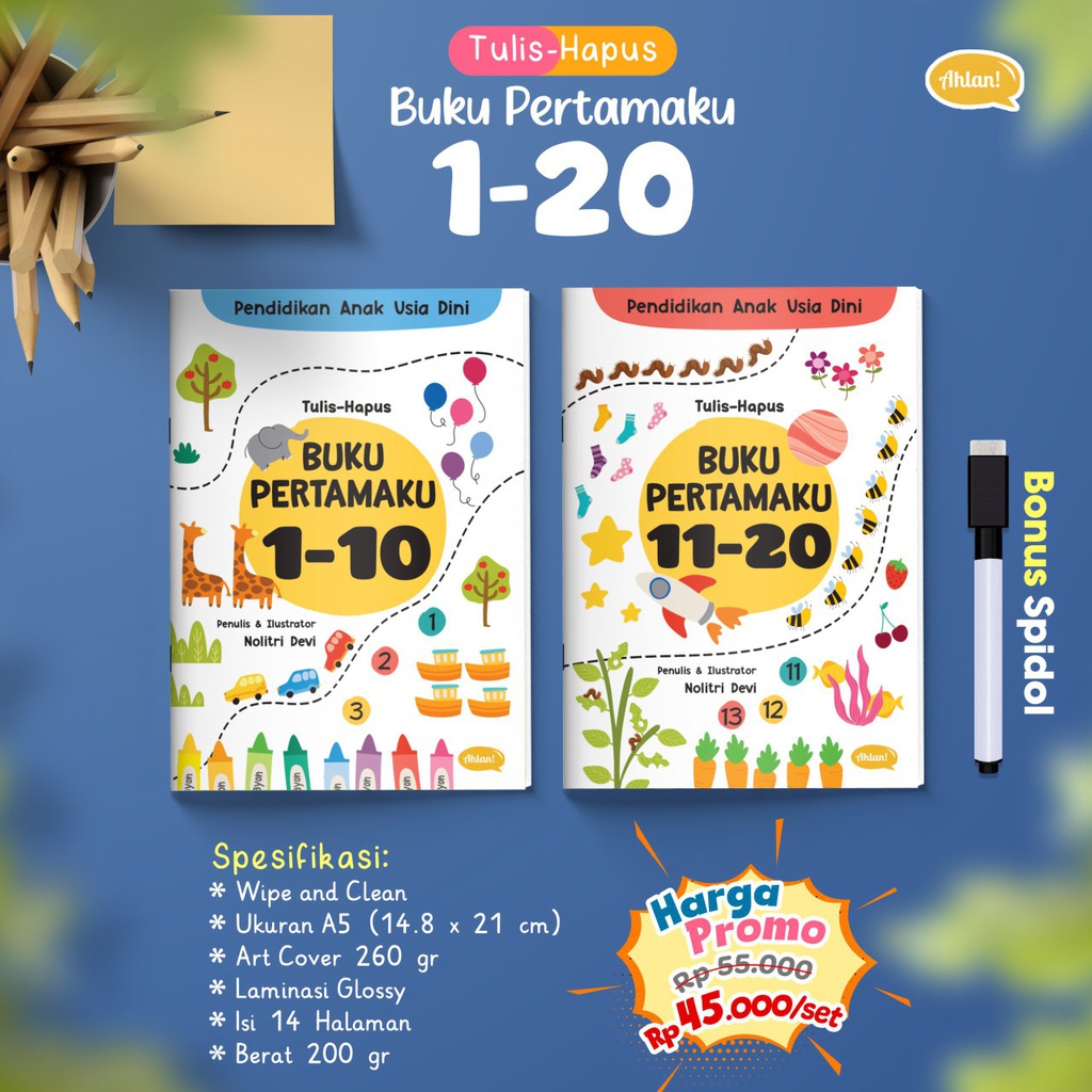 Tulis Hapus Buku Pertamaku 1-10 &amp; 11-20 (Set), Cover Baru + Spidol Wipe and Clean, Ahlan